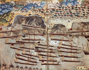 Osmanlı İmparatorluğu: Barberossa donanmasının temsili (Khizir Khayr ad-din (Barbaros Hozor Hayreddin Pasha veya Paşa veya Chair ad Din, Chaireddin veya Cheireddin) (1466-1546), er, Nice şehrine bakan. Minyatür 