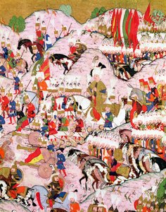 TSM H.1524 'Hünername' el yazması: Kanuni Sultan Süleyman (1494-1566), 1526'da Mohaç Savaşı'nda, Lokman'ın 'Mükemmellik Kitabı'ndan by Ottoman School