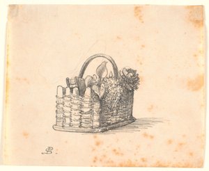 Bitkiler ve bir kitapla dolu bir hasır sepet. by P.C. Skovgaard