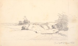 Ön planda çalıların olduğu bir köy yolu. Arka planda bir orman kenarı by P.C. Skovgaard