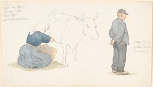 Bir inek sağan kızla çalışma sayfası, t.h. ayakta çiftçi. by P.C. Skovgaard