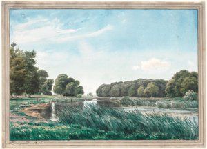 Bir göl ve ayakta ve balık tutan üç çocuk ile odunsu manzara. by P.C. Skovgaard