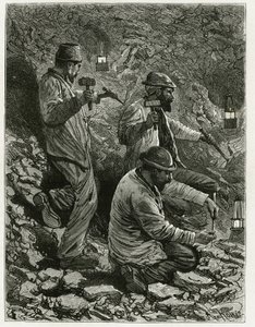 Madenciler damara kömür çıkarıyor. Camille Lemonnier (1844-1913) Belçikalı yazar tarafından “Belçika” hikayesini örneklemek için Ferat tarafından gravür. Le Tour du monde'de yayınlandı, nouveau dergi des voyages, 2. dönem 1884, editörlüğünü Edouard Cha by P. Ferat