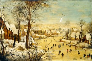 Donmuş bir su yolunda Birdtrap ve Patenciler ile Kışın Bir Köy, by P. the Younger Brueghel