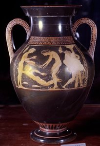Bir kadın hamamı sahnesini temsil eden beyaz figürlü tavan arası seramik amfora. Andokides
