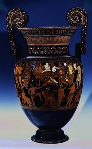 Tavan arası kırmızı figürlü volüt-krater, Bacchus ve Ariadne'den önce bir performansa hazırlanan aktörlerin ve müzisyenlerin bir sahnesiyle süslenmiş, Rumca, Ruvo'dan, MÖ 5. yy (seramik) (ayrıca bkz. 119445-7). by Painter Pronomos