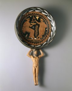 Atlas saplı kırmızı figür patera, MÖ 4. yüzyılın son üçte biri. (seramik ve pigment) by Painter of Louvre