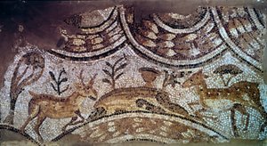 Paleochristian sanatı: kilise mozaiklerinin bir parçası: geyik ve geyik içme Suyu. MS 6. yüzyıl. Kartaca, Bir Ftouhi, Tunus