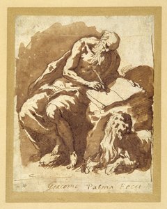 Aziz Jerome bir kayanın üzerine oturmuş, yazıyor (kalem ve mürekkep, kağıt üzerinde yıkanmış) by Palma Il Giovane
