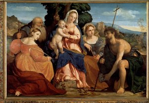 Aziz Catherine ve Aziz Celestine (solda) ve Vaftizci Yahya ve Barbara (sağda) ile çocuklu Bakire (Resim by Palma Il Giovane
