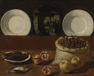 Tabak, zeytin dolu bir çuval, av eti, nar ve ayva ile natürmort