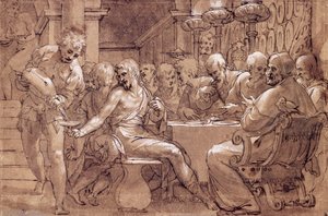 Aziz Gregory'nin akşam yemeği, çizim Paolo Farinati (1524-1606), gri-kahverengi sulu boya, tükenmez kalem, beyaz kurşun ve siyah kurşun kalem, İtalya