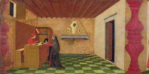 Ev Sahibinin Küfür Etmesinin Predella'sı: Yahudi Bir Tefeci Tarafından Pelerinini Takdis Edilen Ev Sahibi Pahasına Kullanmaya Zorlanan Hıristiyan Kadın, c.1467-69 (panelde mizaç) (detay) by Paolo Uccello