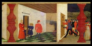 Ev Sahibinin Küfürünün Predella'sı: Kapıyı Vuran Mübaşirlerin Dikkatini Uyandıran Kanla Akan Ateşte Kutsanmış Ev Sahibini Kavuran Yahudi Tefeci, c.1468 (panelde tempera) (detay)