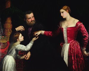 Bir hanımefendi ve beyefendi kızıyla birlikte (tuval üzerine yağlı boya) by Paris Bordone