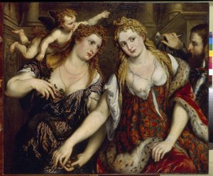 Flora, Venüs, Mars ve Aşk Tanrısı (Flora, Venüs, Mars ve Aşk Tanrısı). Paris Bordone (1500-1571), tuval üzerine yağlı boya, yaklaşık 1550. İtalyan Sanatı (Venedik) by Paris Bordone