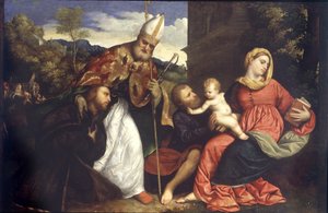 St. Ambrose ile Kutsal Aile bir bağışçı sunarken, c.1525 (panelde yağlı boya) by Paris Bordone