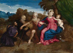 Meryem Ana ve Çocuk, Aziz Jerome ve Anthony Abbot ve bir Donör ile birlikte, 1522 dolayları (kavak paneli üzerine yağlıboya) by Paris Bordone