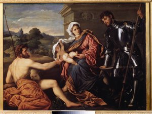 "Madonna ve Çocuk, Vaftizci Yahya ve Aziz George" (Madonna ve Çocuk, Vaftizci Yahya ve Aziz George) Tablosu Paris Bordon veya Bordone (1500-1571) yaklaşık 1530 Pouchkine Müzesi, Moskova by Paris Bordone