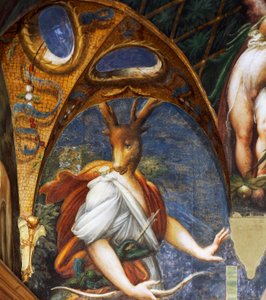 Actaeon, Diane ve Acteon salonunun detayı Diana tarafından erkek geyiğe dönüştürüldü by Parmigianino