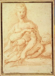 Kucağında Çocukla oynayan Bakire (beyaz kağıt üzerine kırmızı tebeşir) by Parmigianino