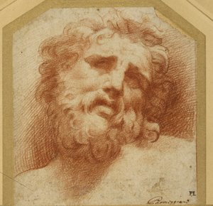 Sakallı bir kafa, yukarı bakıyor (muhtemelen Laocoon) (beyaz kağıt üzerine kırmızı tebeşir) by Parmigianino