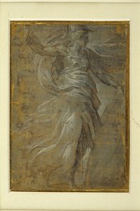 Sol elinde bir kalkan, sağında bir mızrak olan Minerva (hazırlanmış sarımsı zeminde metal nokta) by Parmigianino