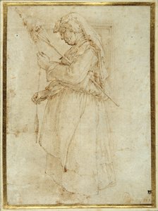 Şöminenin önünde duran asalı yaşlı kadın (beyaz kağıt üzerine kalem ve kahverengi mürekkep) by Parmigianino