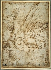 Çoban çocuk bir pipo tutuyor, köpeğiyle sürülerinin arasında bir ağacın altında dinleniyor (kalem ve kağıt üzerinde kahverengi mürekkep) by Parmigianino