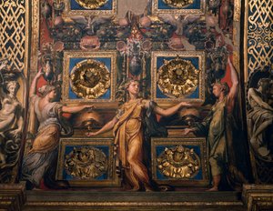 Üç bilge bakire, üç bilge bakire ve üç aptal bakirenin detayı, Il Parmigianino olarak bilinen Francesco Mazzola tarafından, fresk, papaz evi kemerinin alt tarafı, Santa Maria della Steccata Tapınağı, Parma, Emilia-Romagna. İtalya by Parmigianino