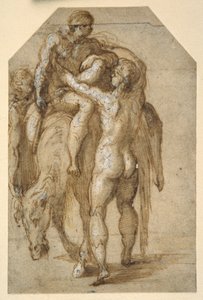 Hasta bir adamı yorgun bir attan kaldıran iki çıplak adam (kağıt üzerinde beyaz gövde rengiyle yükseltilmiş kahverengi yıkamaya sahip kalem ve kahverengi mürekkep) by Parmigianino
