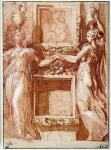 Kutuların her iki yanında elini veren iki kanefor Mürekkep, yıkama, kan ve beyaz kanatlarda çizim Girolamo Francesco Maria Mazzola dit Parmigianino veya Le Parmesan