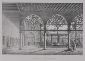 Emile Edmond Ollivier (1800-64) tarafından oyulmuş 'Kahire Anıtları ve Binaları'ndan Kahire'deki Derviş Manastırı'nın iç görünümü, Letronne, Paris, 1829