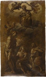 Bakire ve Çocuk, Aziz Sebastian, Evangelist Yuhanna ve Roch ile birlikte, yaklaşık 1610 (krem kağıt üzerine yağlıboya ve grafit (vernikli)) by Pasquale Ottino
