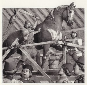 Andrea Verrocchio bir at heykelinin başını kırıyor (kağıt üzerine guaj)