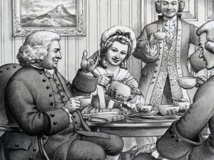 Dr Johnson çay içiyor, Bay ve Bayan Thrale tarafından ağırlanıyor