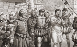 Fransa Kralı Henri III, kırbaçlanırken saç gömleğiyle Paris sokaklarında yürüyerek kefaret ödüyor (kağıt üzerine guaj)
