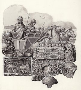 Yaban eşekleri tarafından çekilen Sümer savaş arabası (kağıt üzerine guaj)