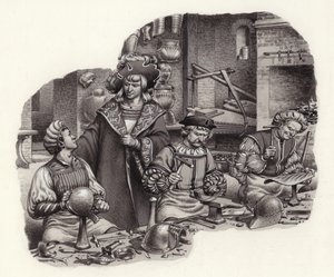 İmparator Maximilian zırhçısının atölyesinde (kağıt üzerine guaj)
