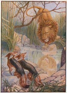 Bir aslan yüzü sudan ona baktı (renkli lito) by Patten Wilson
