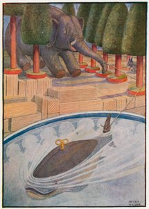 Balina çekmeye başladı ve fil çekmeye başladı (renkli litho)