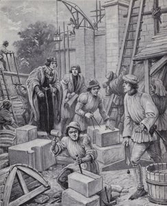 Kral Henry VI, 1440'ta kurduğu Eton Koleji binasını yönetiyor (litho)
