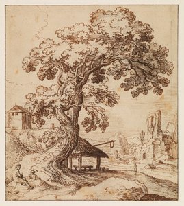 Harabeler ve figürler içeren manzara, c.1615 (siyah tebeşir, kalem ve siyah mürekkep çerçeveleme çizgili kağıt üzerine kahverengi mürekkep) by Paul (circle of) Brill or Bril