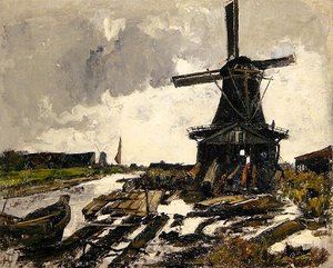 Hollanda, Ahşap Testere Yel Değirmeni ile Kanal Manzarası, c.1885 (tuval üzerine yağlı boya) by Paul Baum
