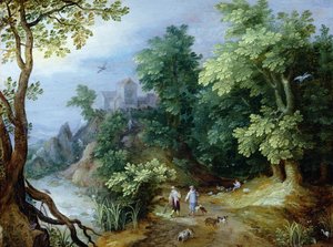Sporcular ve Köpeklerle Manzara (bakır üzerine yağ) by Paul Bril