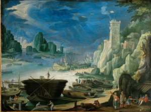 Bir deniz feneri ile gece liman manzarası by Paul Bril