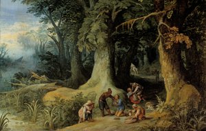 Ormanda silahlı saldırı Bir grup otoyol haydutu. Paul Bril (Brill) tarafından yapılan resim (1554-1626)