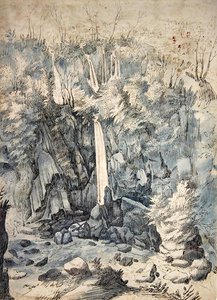 Tivoli yakınlarındaki şelale (yıkama ile kalem ve siyah)