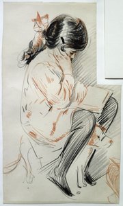 Paulette Okuma Oyuncak Köpeğinin Üzerinde Oturuyor (kağıt üzerinde renkli kalem) by Paul Cesar Helleu