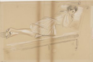 Kanepede öne doğru uzanan kadın by Paul Cesar Helleu